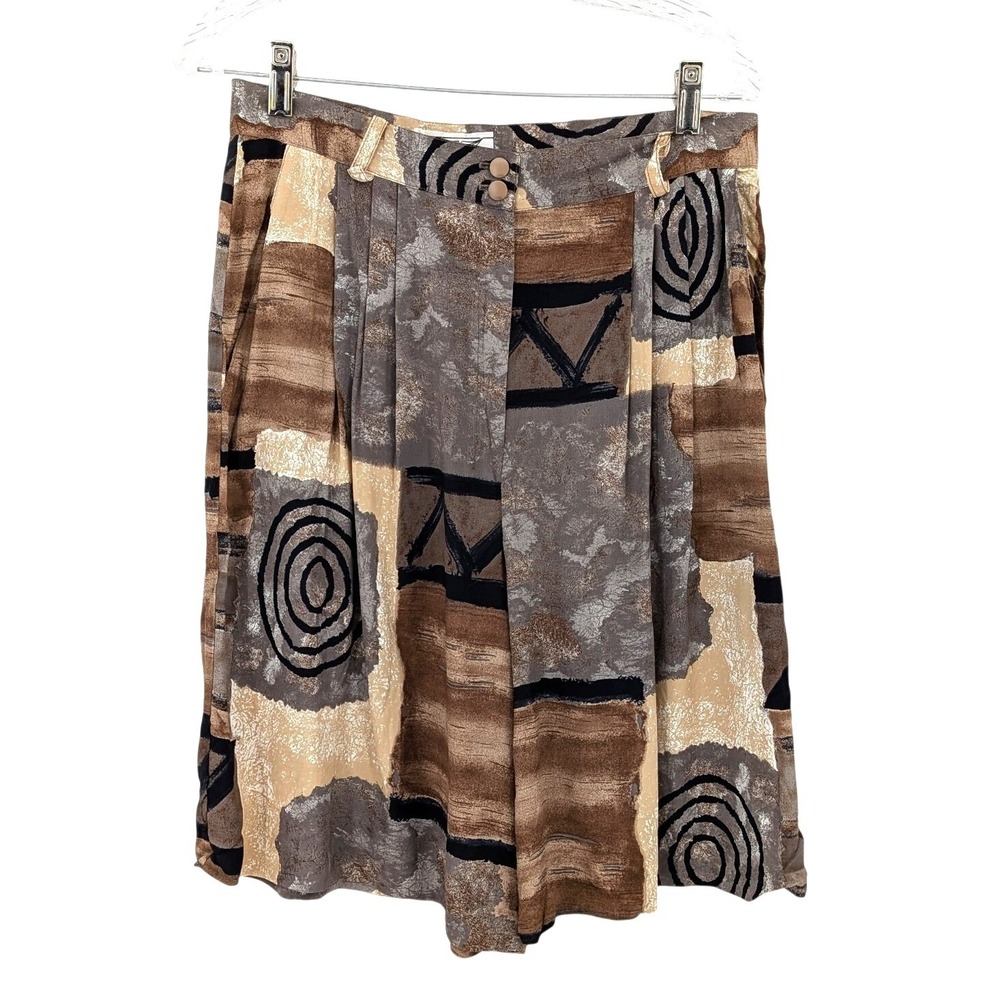 Alouette Paris‎ Abstract Art Print Viscose Shorts Brown Neutrals Vintage Burmuda